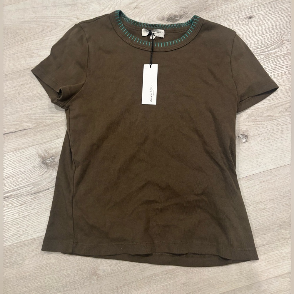 Michael Stars Olive Short Sleeve Tee with Teal Neck Stitching